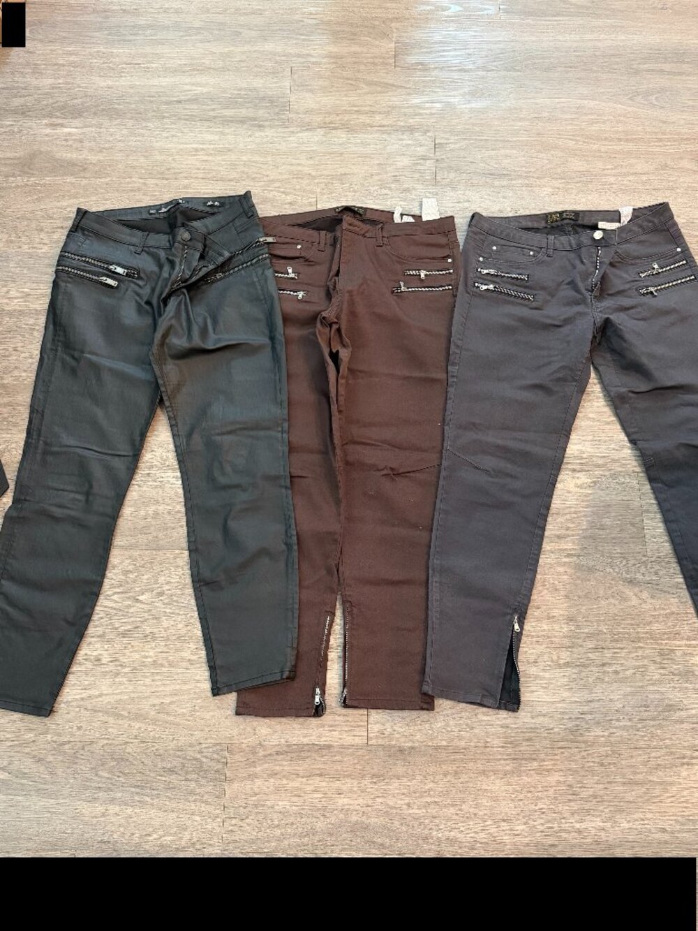 3 Pair Moto Skinny Pants Bundle Zipper Detail Black Brown Gray Size 12/34